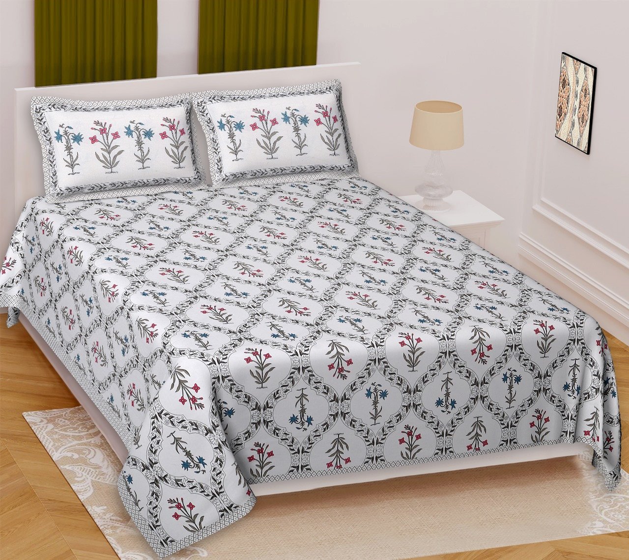 ALS Paisley + Geometric Print Queen Size Bedsheet Set (90x100) – 100% Cotton with 2 Pillow Covers