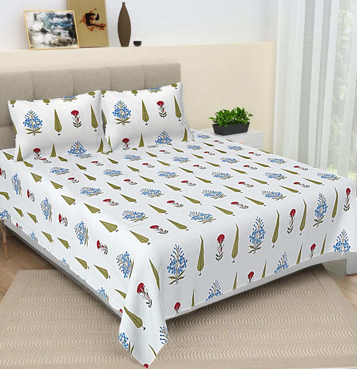 Super King Size "108X108” Bedsheet in Sanganeri Design with 2 Pillow Covers