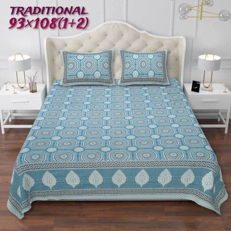 Aves Sanganeri Print Premium Cotton King Size  Bedsheet Set