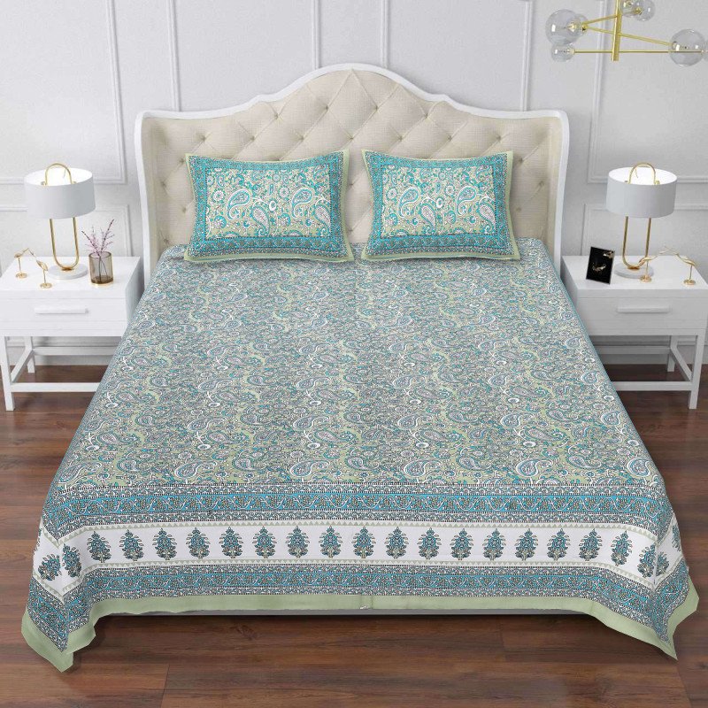 Aves Sanganeri King Size Cotton Bedsheet with 2 Pillow Covers