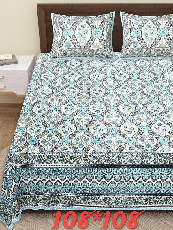 Aves Blue Hand Block  Premium Super King Size Cotton Bedsheet