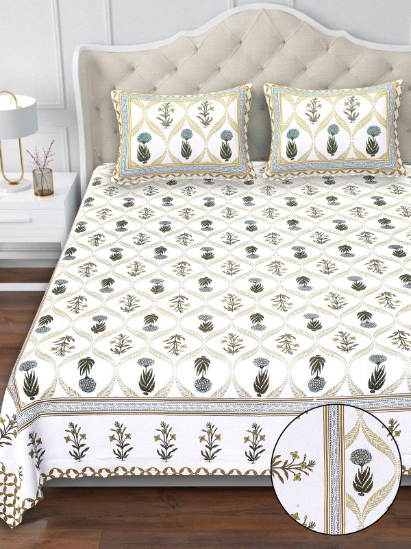 Graceful Bloom Bedsheet by Bellacasa | Double Bed Size | Jaipuri Handblock Print | 100% Cotton