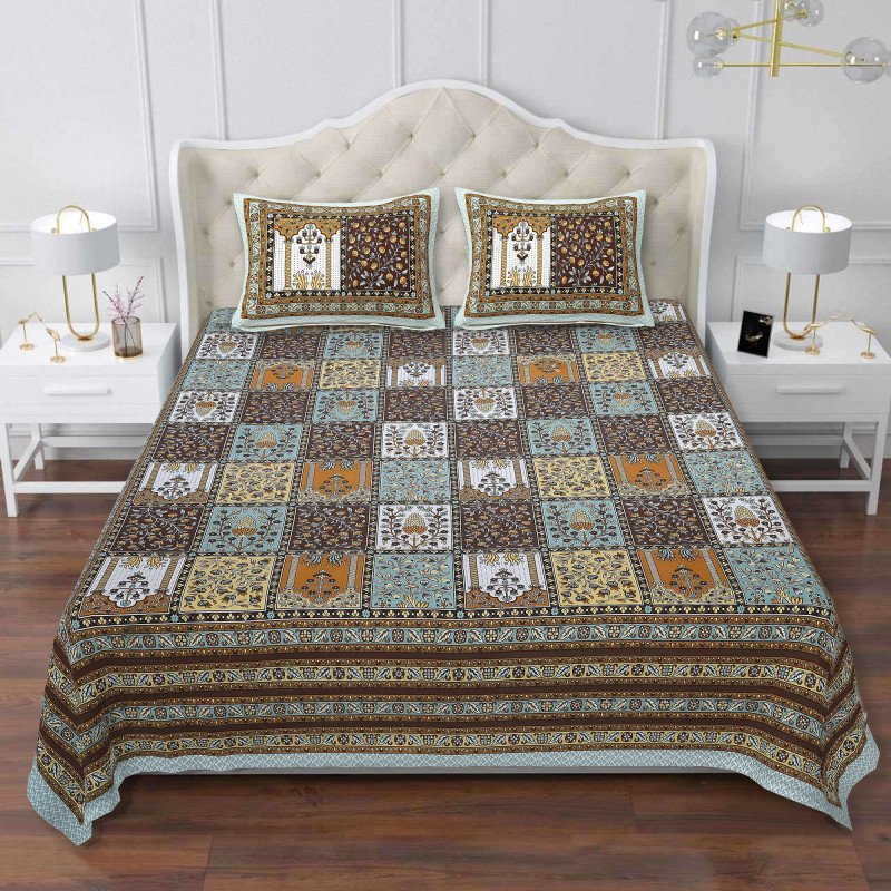 Aves Sanganeri King Size Cotton Bedsheet with 2 Pillow Covers