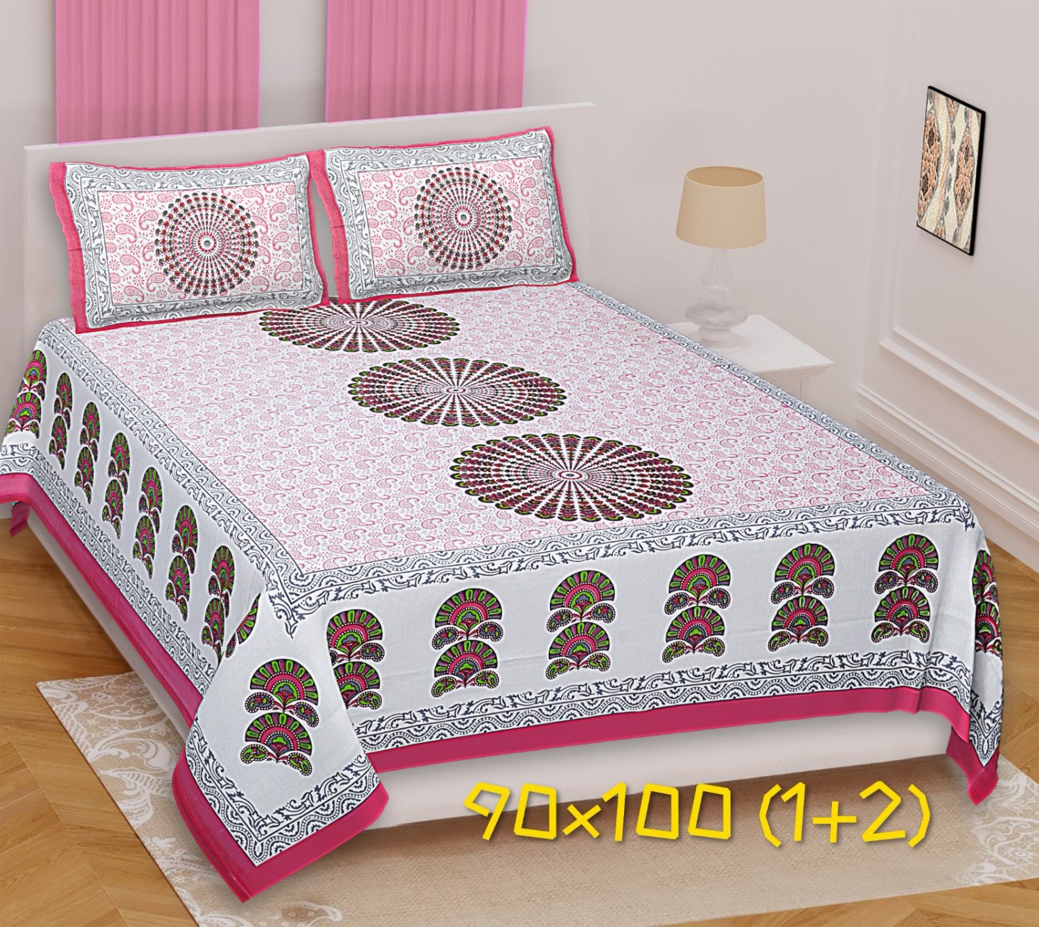 ALS Pink & Grey Queen Size Bedsheet Set (90x100) – 100% Cotton with Mandala Design & 2 Pillow Covers