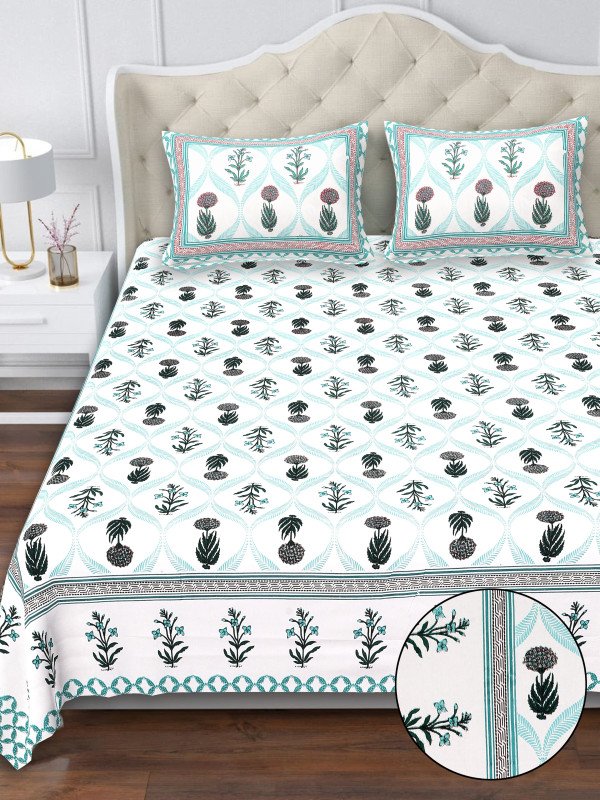 Serene Nights Bedsheet by Bellacasa | Double Bed Size | Jaipuri Handblock Print | 100% Cotton