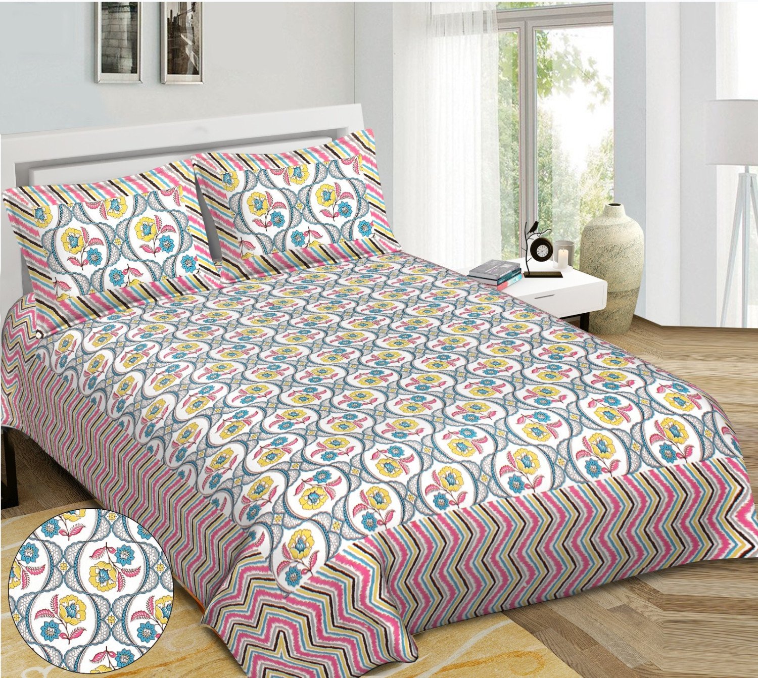 Soft Cotton King Size Bedsheet by Aves with 2 Pillowcases - Trendy Print