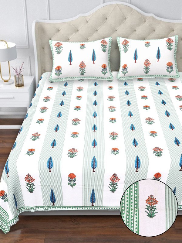Floral Grace Bedsheet by Bellacasa |  Bed Size | Jaipuri Handblock Print | 100% Cotton