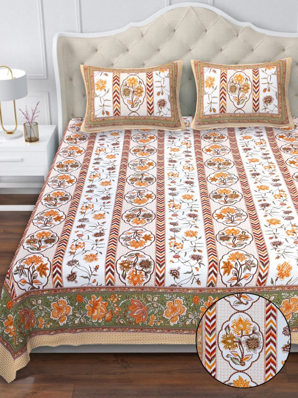 Bright Bloom Bedsheet by Bellacasa | Double Bed Size | Jaipuri Handblock Print | 100% Cotton