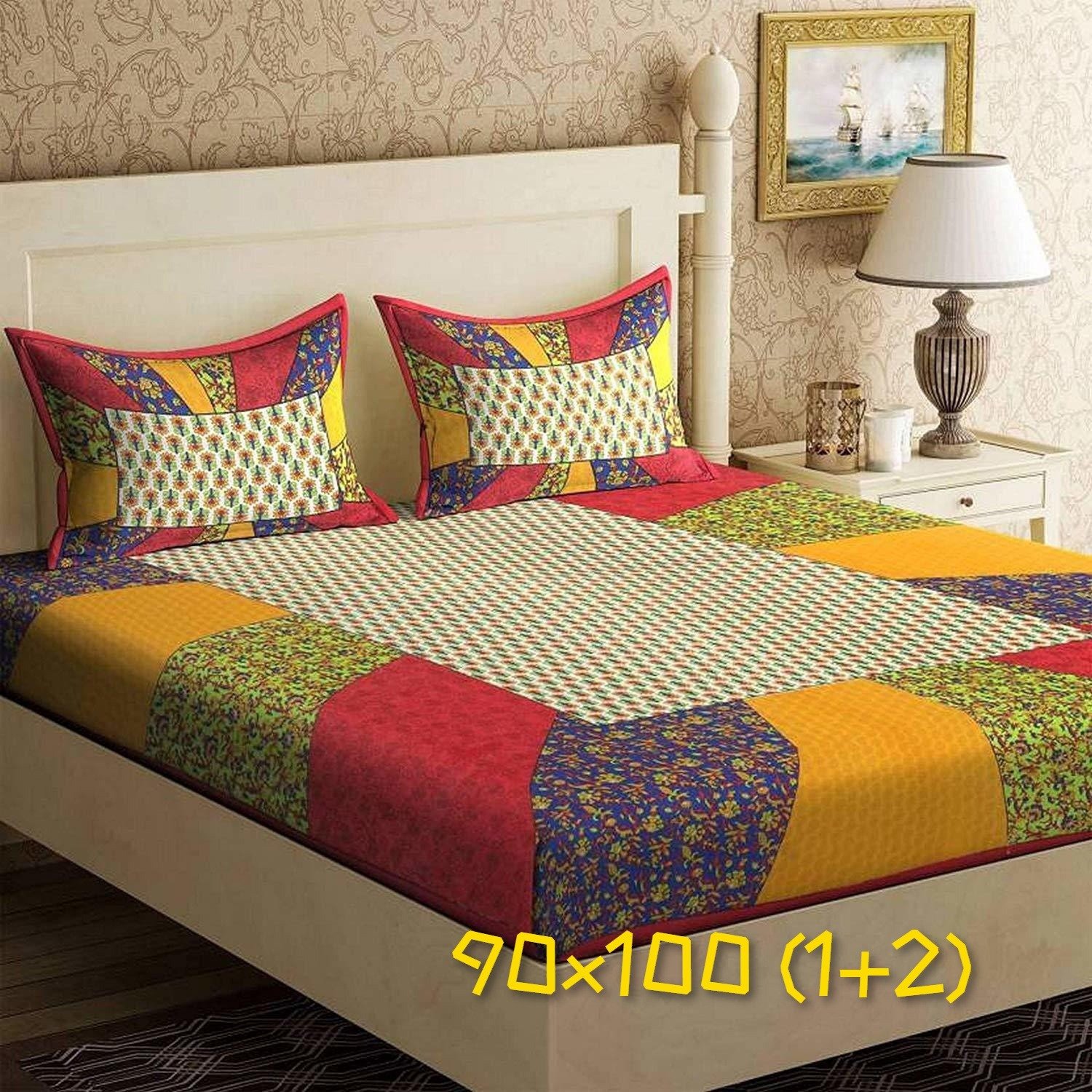 ALS Jaipur Sanganeri Red Chokda Print Queen Size Bedsheet Set (90x100) with Pillow Covers - Cotton Blend