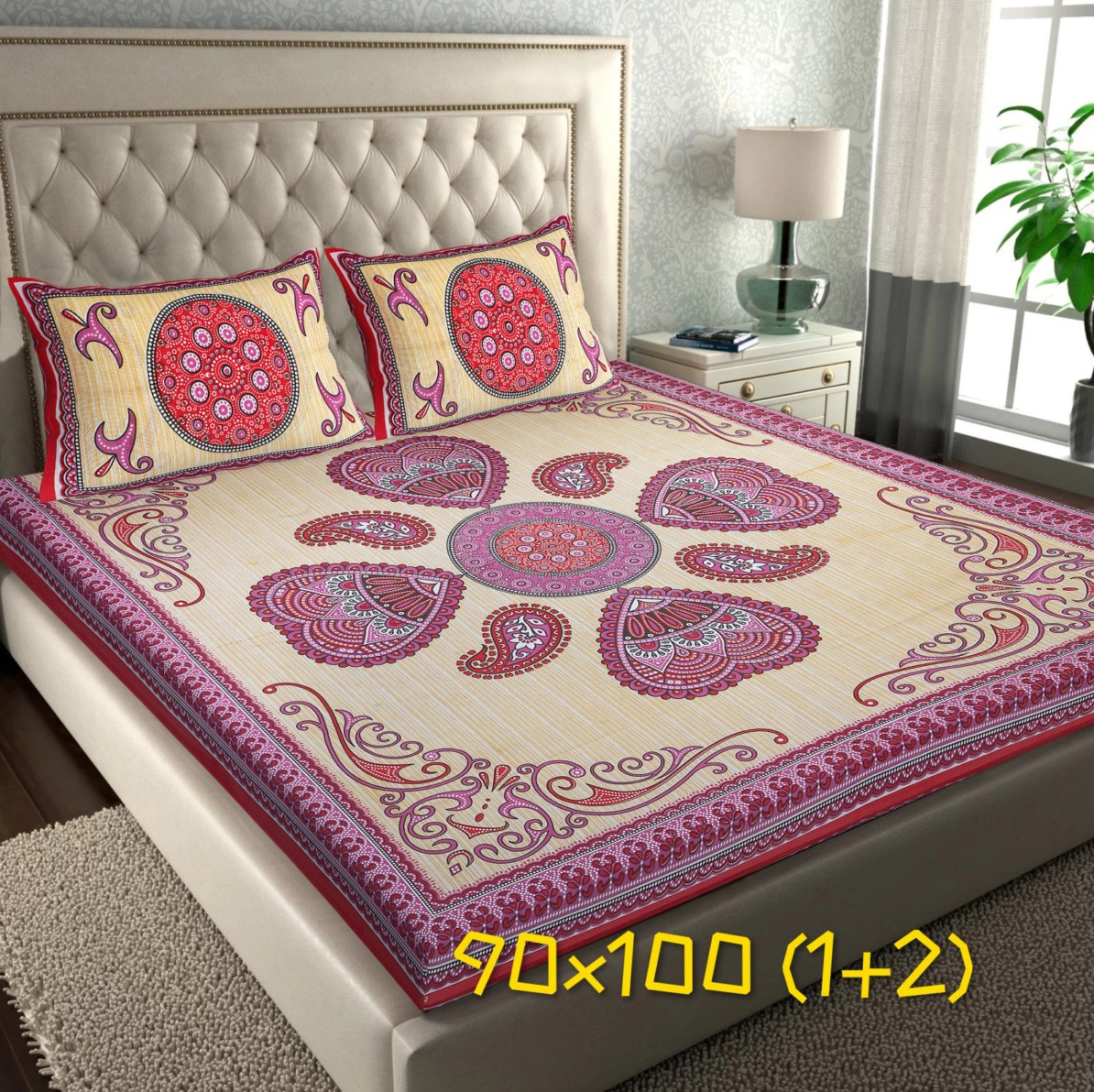 ALS Rajasthani Jaipuri Pink Traditional Print Queen Size Bedsheet Set (90x100) with Pillow Covers - Quality Cotton