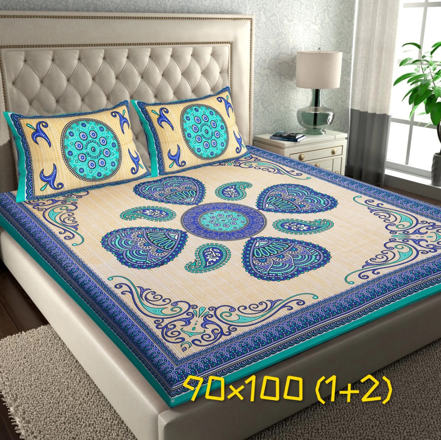 ALS Rajasthani Jaipuri Blue Traditional Print Queen Size Bedsheet Set (90x100) with Pillow Covers - Quality Cotton